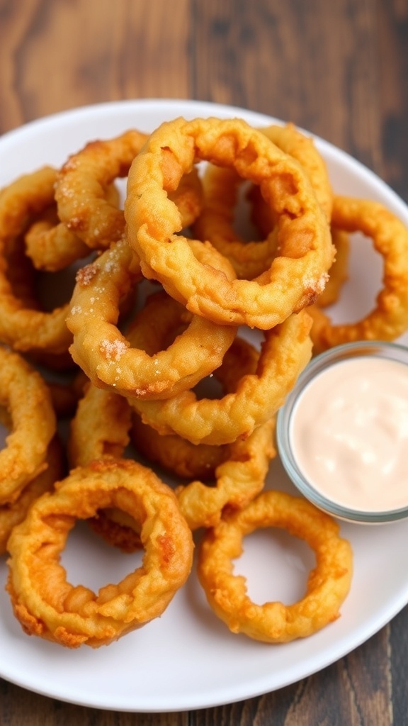 Crispy golden onion rings served with dipping sauce on a rustic table.
